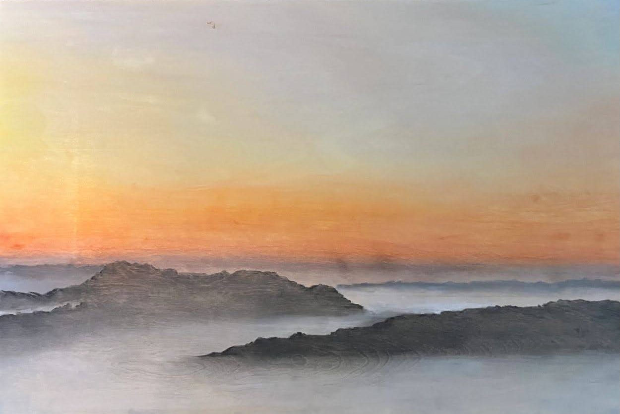 landscape art of sunrise over fog and hills