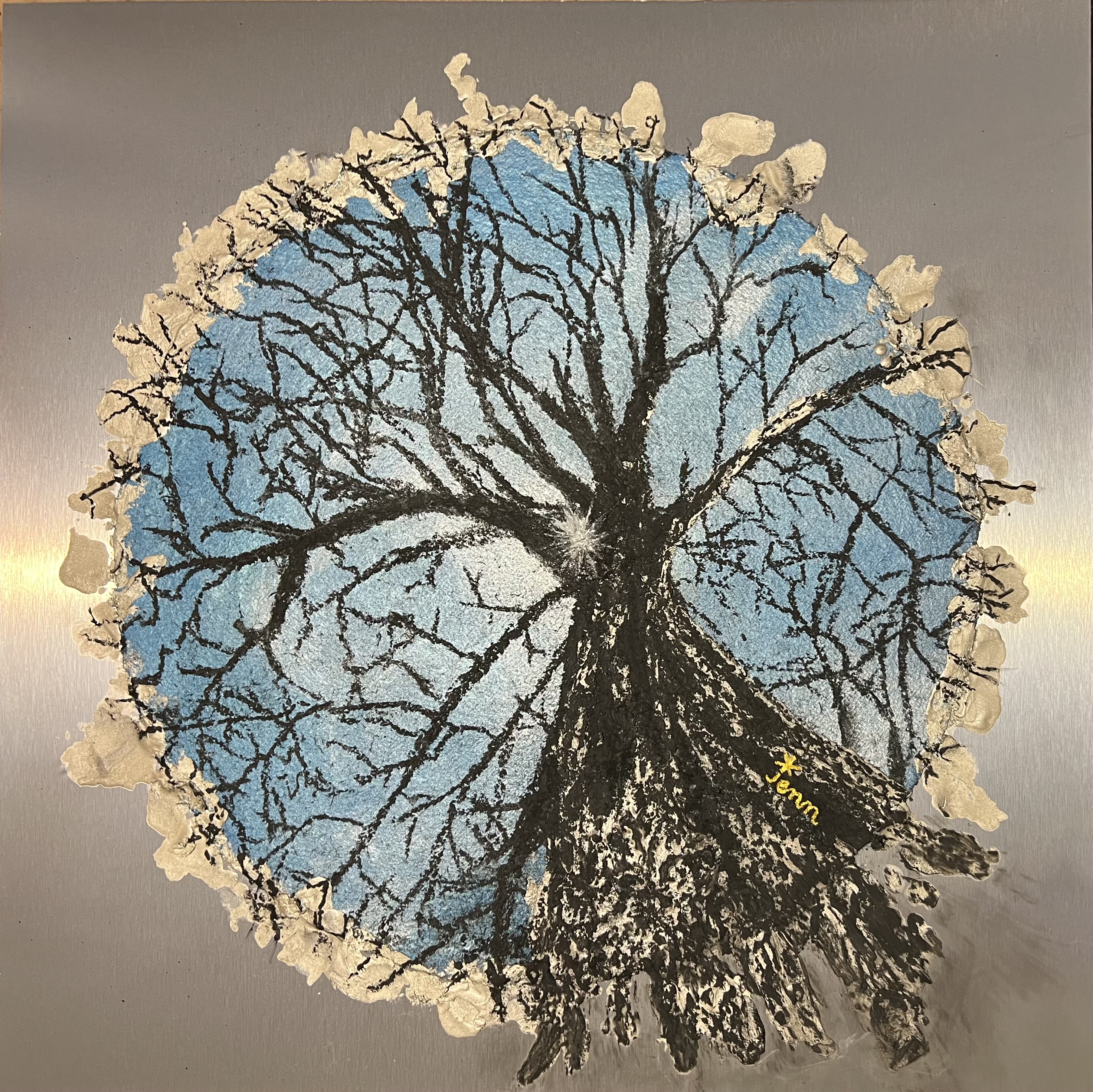 looking straight up at a noontime sun peeking through the bare branches of an icy cedar tree against a partly cloudy winter blue sky