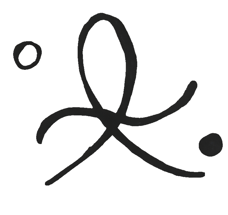 abstract black ink symbol of an open infinity loop with intersecting lines and two circular dots, one black forward and one white behind