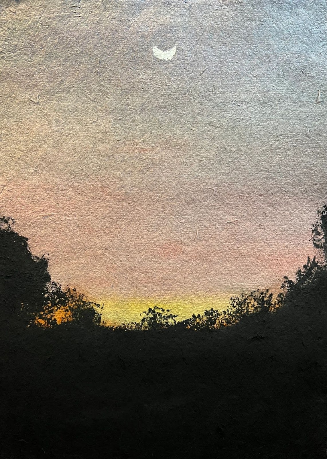 landscape art. a white crescent moon levitates above a black silhouette treescape, holding twilit dawn sky like a cup